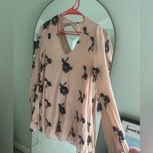 Free People Blush and Black Floral Blouse